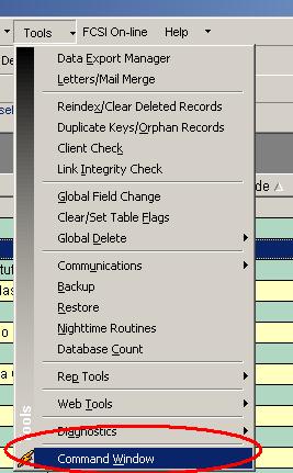 dbCAMS Command Window Menu