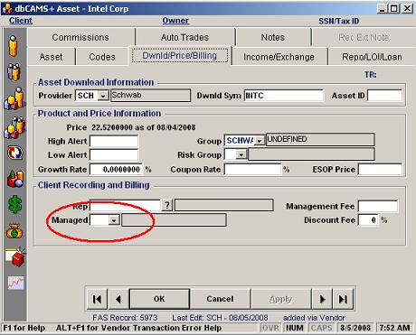 dbCAMS Managed Asset Field