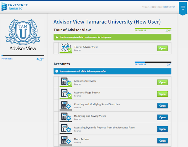 An example of the curriculum found in each of the Tamarac University Online modules.